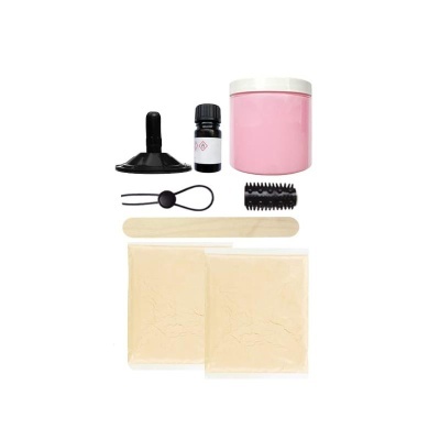Conjunto de cera de depilação com potes, sacos de pó, pauzinho de madeira, frasco com símbolo de perigo, pincel e suporte pretos