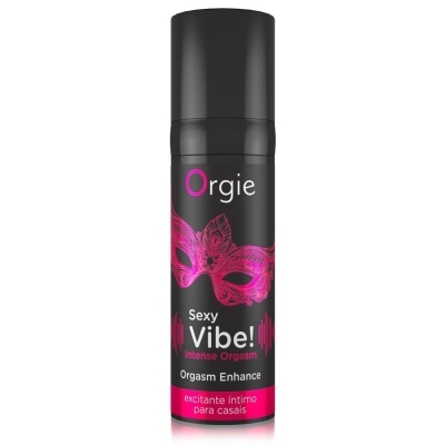 Frasco preto com rótulo rosa e texto em português para excitante íntimo.