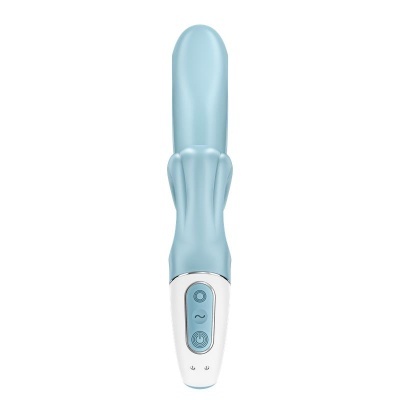 Vibrador azul claro com punho branco e botões