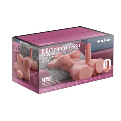 Caixa de produto anatómico com forma de corpo e pênis em ereção, texto Hermosa Lady Boy