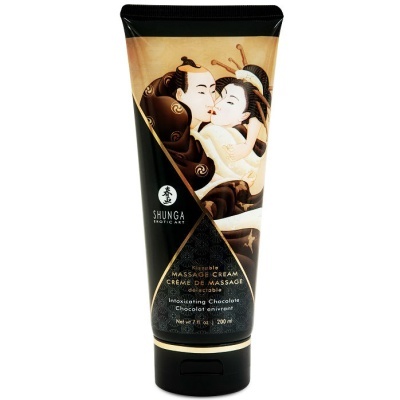 Frasco de creme de massagem com arte japonesa e texto em inglês e francês