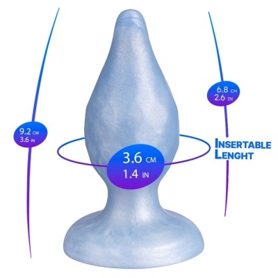Plug anal em silicone azul com medidas indicadas em centímetros e polegadas