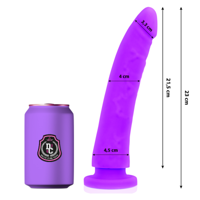 Dildo roxo com dimensões ao lado de lata roxa com logótipo
