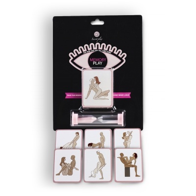Jogo de cartas MEMORY PLAY com ilustrações de posições sexuais e ampulheta rosa.