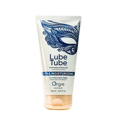 Tubo branco de gel íntimo com design de máscara azul e texto informativo