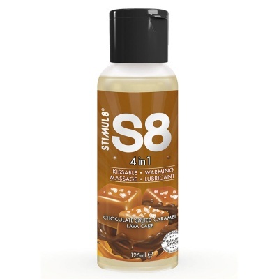 Frasco plástico branco com tampa preta de produto STIMUL 8 S8 4 in 1 sabor caramelo com chocolate.