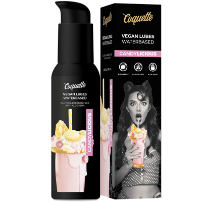 Frasco e embalagem de lubrificante vegano Candylicious da Coquette com imagem de milkshake rosa e mulher bebendo.
