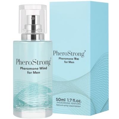 Frasco e caixa azul claro do perfume PheroStrong Pheromone Wind for Men