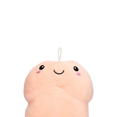Pelucia suave cor de pele com rosto sorridente e alça no topo