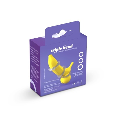 Embala gem azul e roxa de triple bead, anel peniano de silicone com contas, com desenho de banana amarela com anéis cinzentos