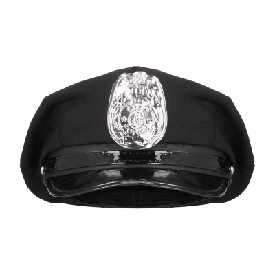 Chapéu de polícia preto com distintivo metálico