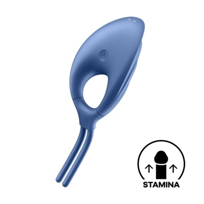 Dispositivo azul com botão e prolongamentos, ícone preto de pénis e texto STAMINA