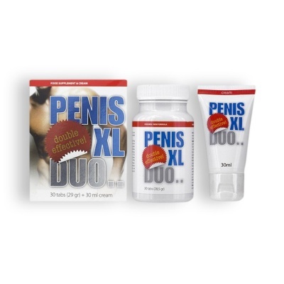 Embalagem, frasco e tubo do suplemento PENIS XL DUO com texto azul e cinzento, realce vermelho e amarelo, junto a um fundo branco