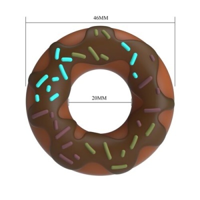 Donut com cobertura de chocolate e granulados coloridos com medidas 46MM x 20MM