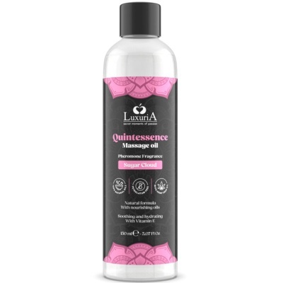 Frasco transparente de óleo de massagem com rótulo preto e rosa
