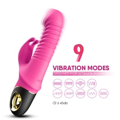 Vibrador rosa com base preta e dourada, texto sobre modos de vibração e ruído