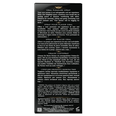 Embalagem preta de spray oral com texto explicativo e ingredientes em várias línguas