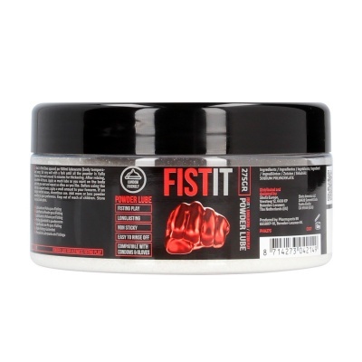 Frasco de FIST IT pó lubrificante com rótulo preto e vermelho