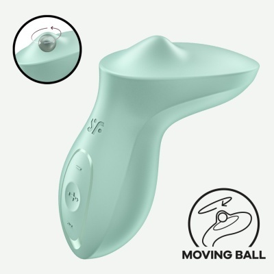 Produto em silicone azul esverdeado com botão de controlo e ilustração MOVING BALL