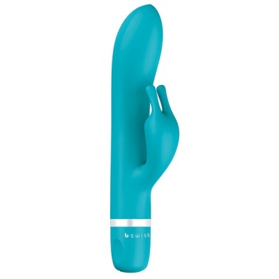 Vibrador azul turquesa com estimulador em forma de orelhas de coelho e base com detalhe branco prateado