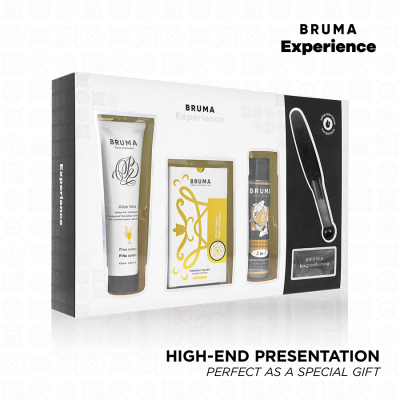 Pack BRUMA Experience com gel Aloe Vera, vibrador líquido, óleo massageador e vibrador preto em caixa branca e preta