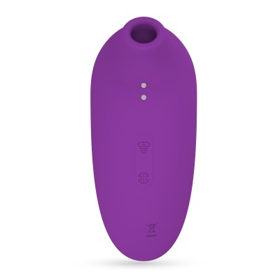 Dispositivo roxo com dois botões metálicos e símbolos gravados.
