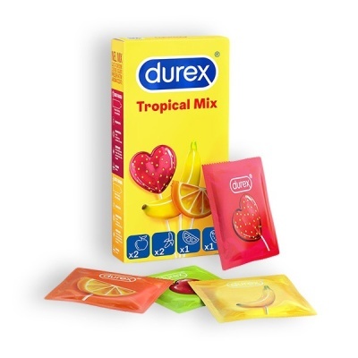 Caixa amarela de preservativos Durex Tropical Mix com embalagens coloridas e frutas desenhadas