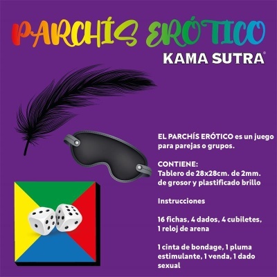 Parchís Erótico Kama Sutra com tabuleiro colorido, dados, venda preta e pena