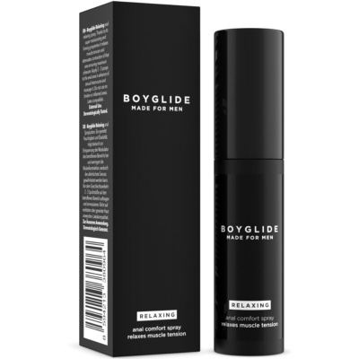 Frasco e caixa pretos do spray Boyglide Made for Men Relaxing.