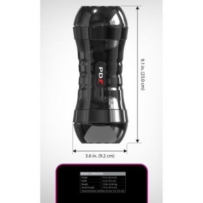 Produto cilíndrico preto com texto PDX e medições de dimensões