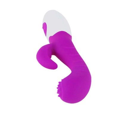 Vibrador roxo e branco com formato curvado e estimulador adicional.