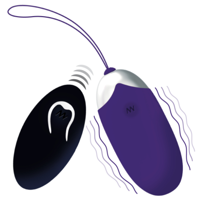 Dispositivo eletrônico roxo e controlo remoto preto com logotipo NN e linhas de vibração