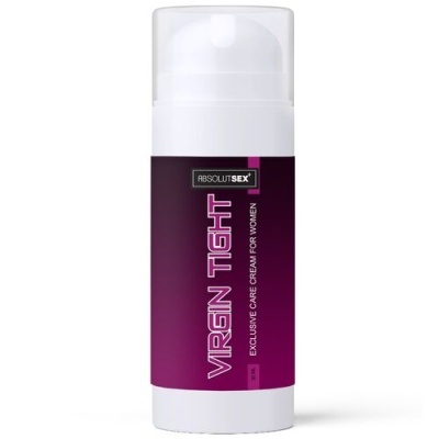 Frasco branco tampa transparente com creme para mulheres rótulo roxo e preto ABSOLUTSEX VIRGIN TIGHT