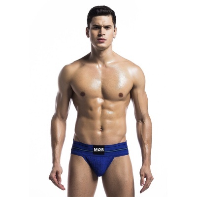 Cueca jockstrap azul com cós largo e etiqueta MOB UNDERWEAR