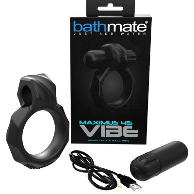 Anel preto com vibrador e cabo USB, embalagem preta com texto