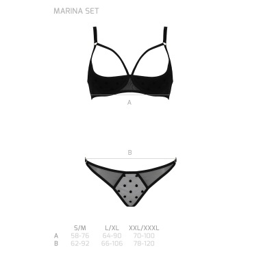 Conjunto de roupa interior preta com padrão de bolinhas e etiquetas de tamanho