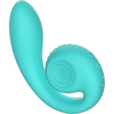Produto azul turquesa em silicone curvo com textura em espiral e botões