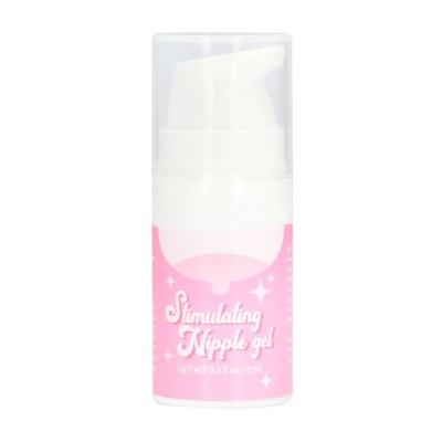 Frasco branco com tampa transparente e rótulo rosa de gel estimulante para mamilos