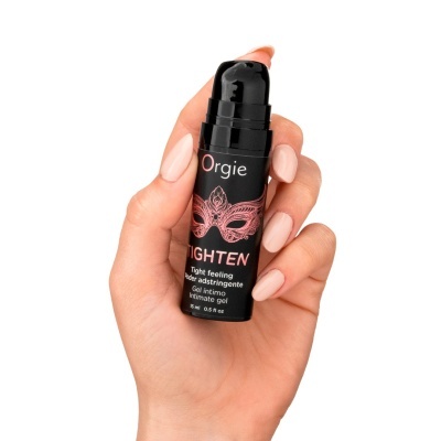 Frasco preto de gel íntimo Orgie Tighten com ilustração de máscara e texto em português e inglês