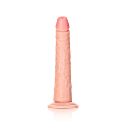 Dildo cor de pele com base larga sobre fundo branco