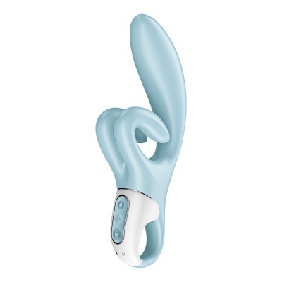 Vibrador azul claro com punho branco e botões de controlo