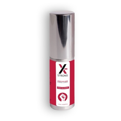 Frasco de spray com rótulo vermelho e branco e tampa prateada
