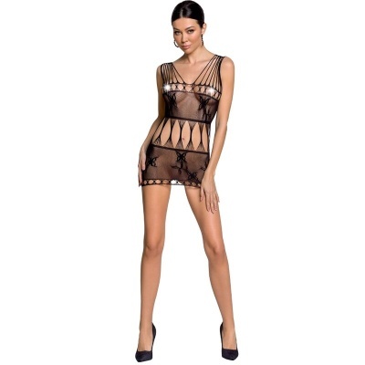 Vestido curto preto transparente em rede com padrão simétrico