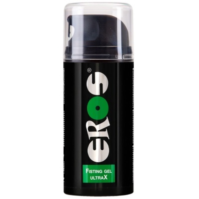 Frasco preto de gel com tampa transparente e rótulo ERS FISTING GEL ULTRAX