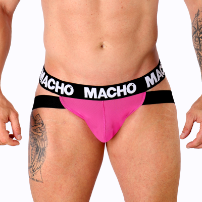 Cueca jockstrap rosa com elástico preto escrito MACHO em branco