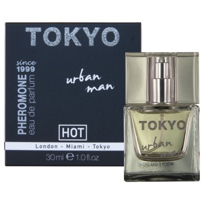 Perfume TOKYO urban man com embalagem preta e frasco de vidro transparente