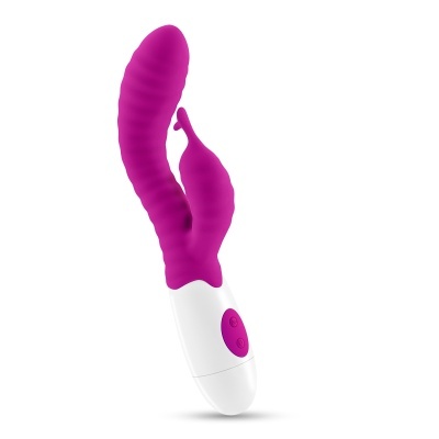 Vibrador roxo em silicone com base branca e botões