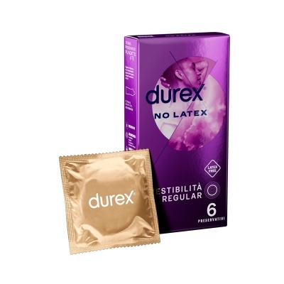 Embalagem roxa de preservativos Durex No Latex com um preservativo individual dourado