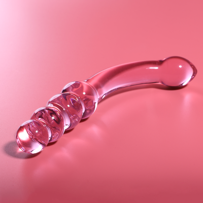 Dildo de vidro cor-de-rosa com formato curvo e esferas na base