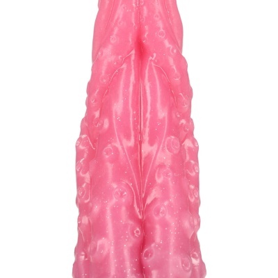 Objeto rosa de silicone com textura irregular e bolhas, fundo branco